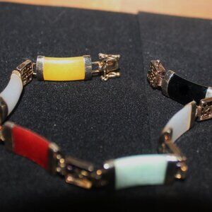 Chinese Oriental Jade Onyx Link 925 Gold Over Statement Bracelet